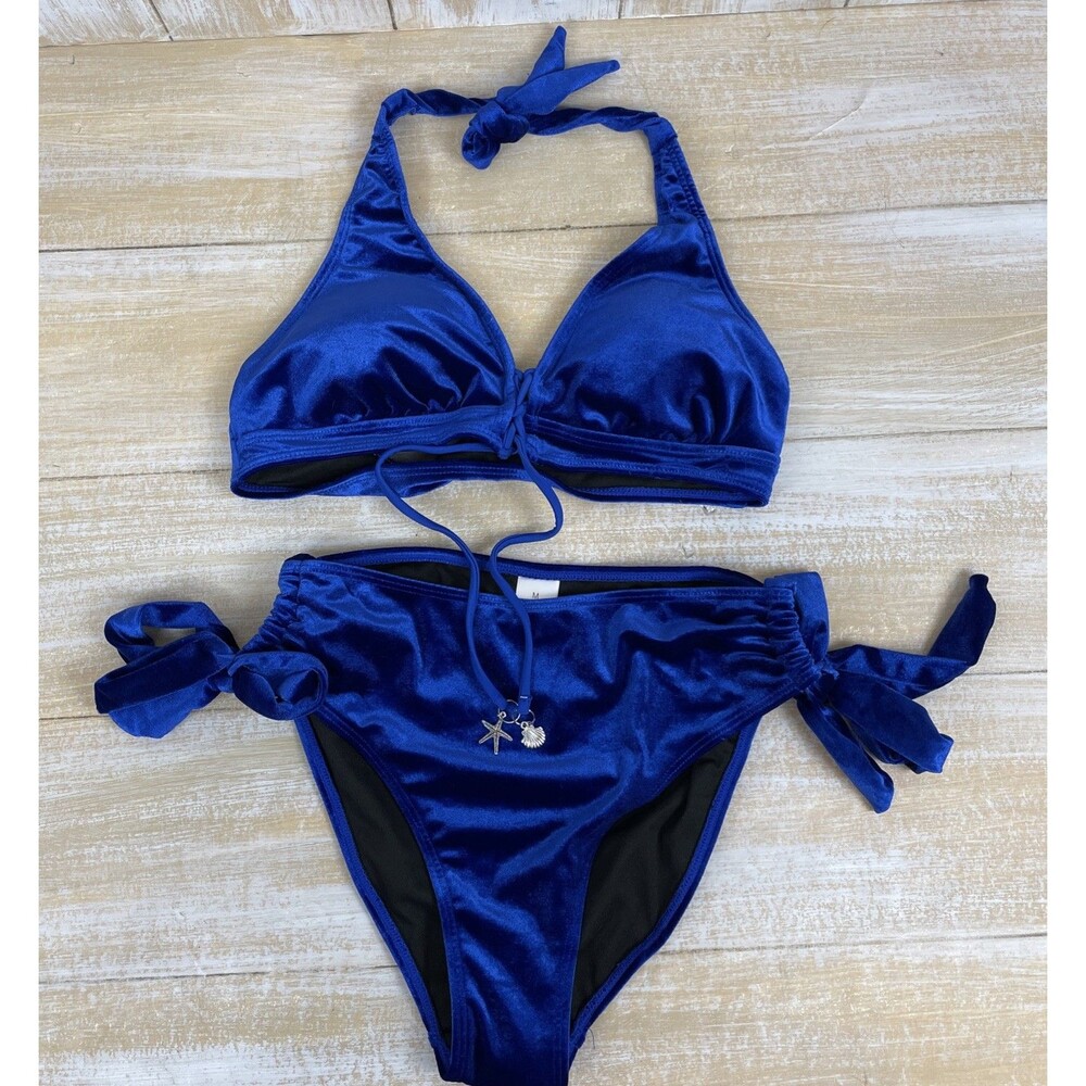 2 Pc Size M Blue Velour Bikini Swimsuit Padded Lace Up Tie Top & Sides NWOT
